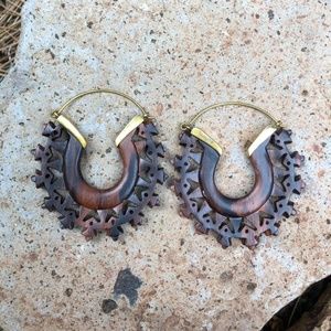 Brand New Ornate Wooden and Brass Hoop Earrings